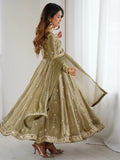 Gorgeous Olive Green Coding Embroidery Silk Mehendi Wear Anarkali Gown
