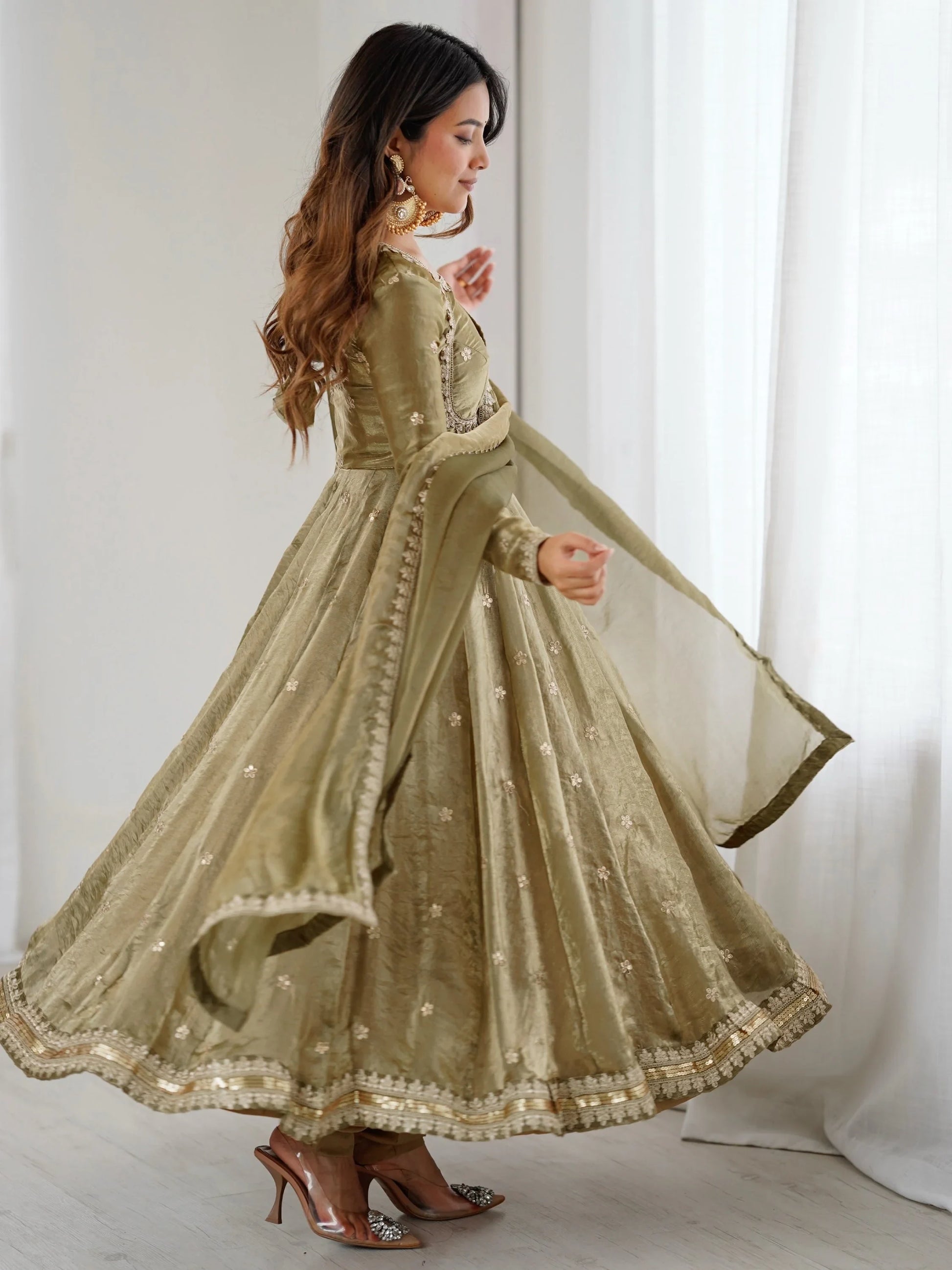 Gorgeous Olive Green Coding Embroidery Silk Mehendi Wear Anarkali Gown