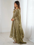 Gorgeous Olive Green Coding Embroidery Silk Mehendi Wear Anarkali Gown