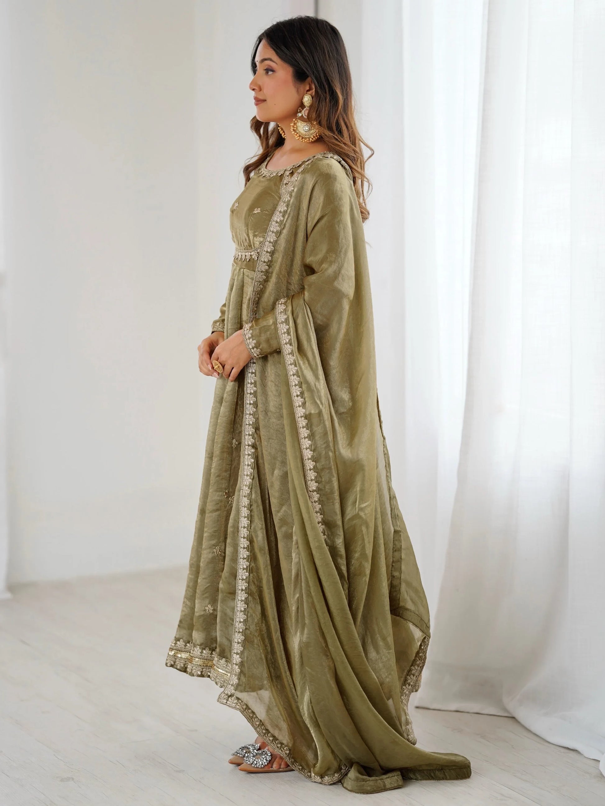 Gorgeous Olive Green Coding Embroidery Silk Mehendi Wear Anarkali Gown