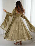 Gorgeous Olive Green Coding Embroidery Silk Mehendi Wear Anarkali Gown