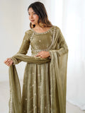 Gorgeous Olive Green Coding Embroidery Silk Mehendi Wear Anarkali Gown