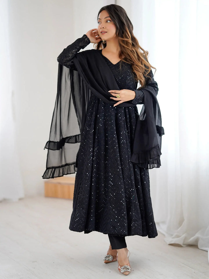 Classic Black Lucknawi Work Georgette Evening Wear Anarkali Suit