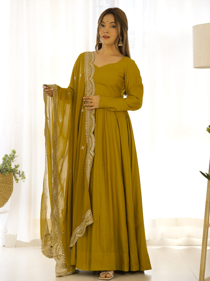 Marvelous Mustard Yellow Silk Festival Wear Anarkali Gown With Dupatta