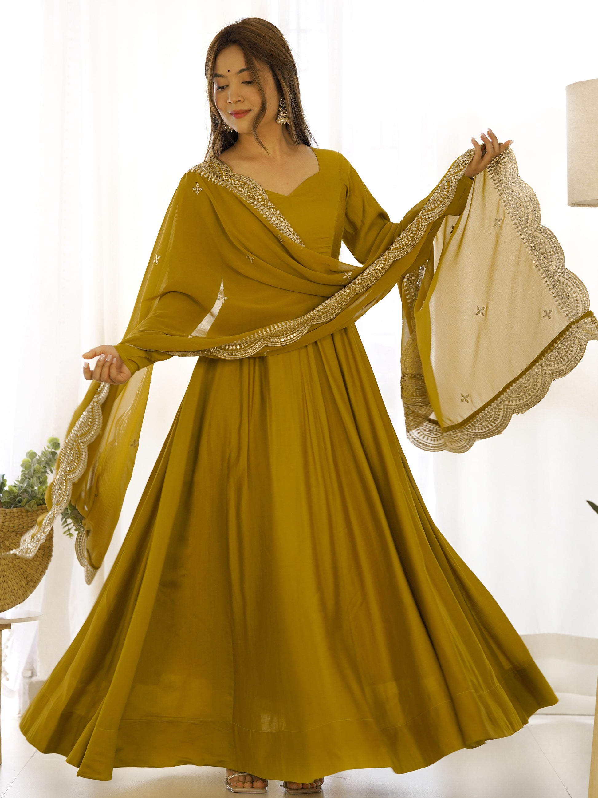 Marvelous Mustard Yellow Silk Festival Wear Anarkali Gown With Dupatta