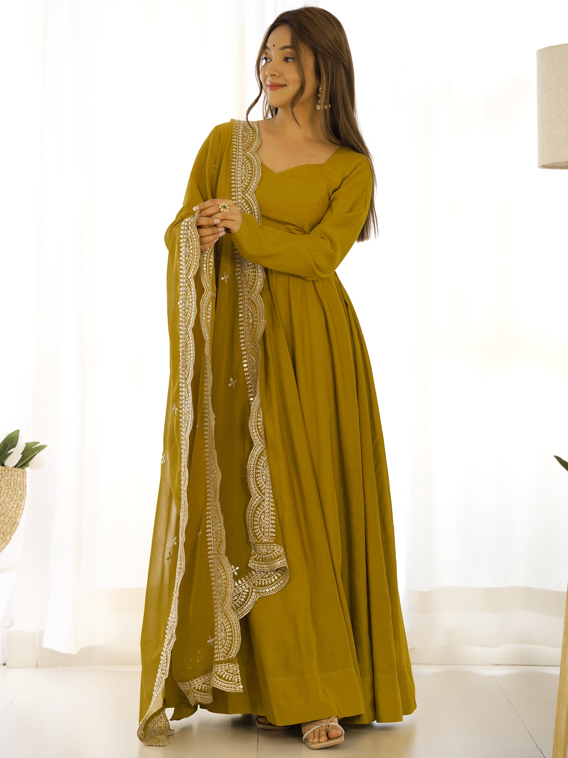 Marvelous Mustard Yellow Silk Festival Wear Anarkali Gown With Dupatta