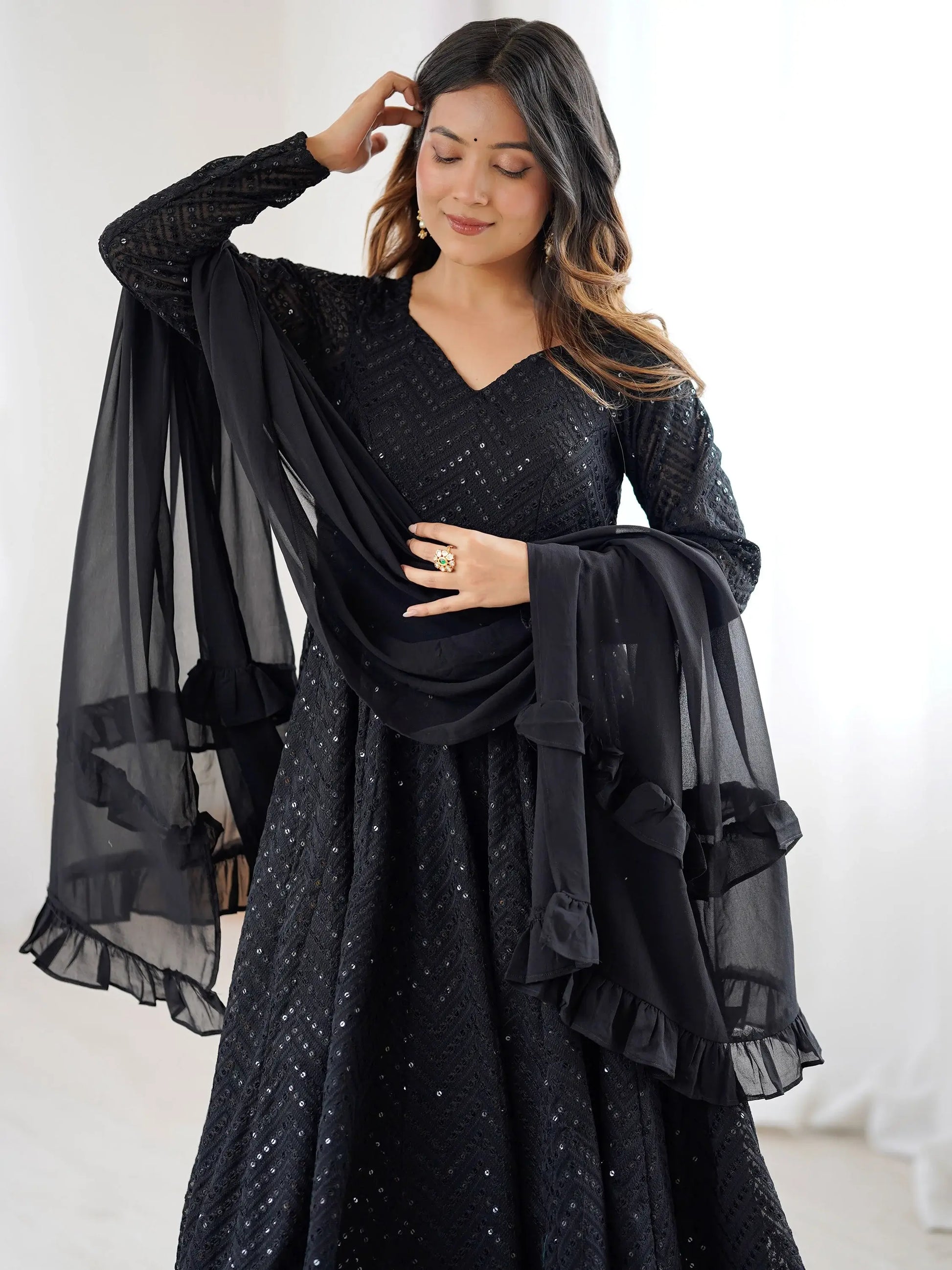 Classic Black Lucknawi Work Georgette Evening Wear Anarkali Suit
