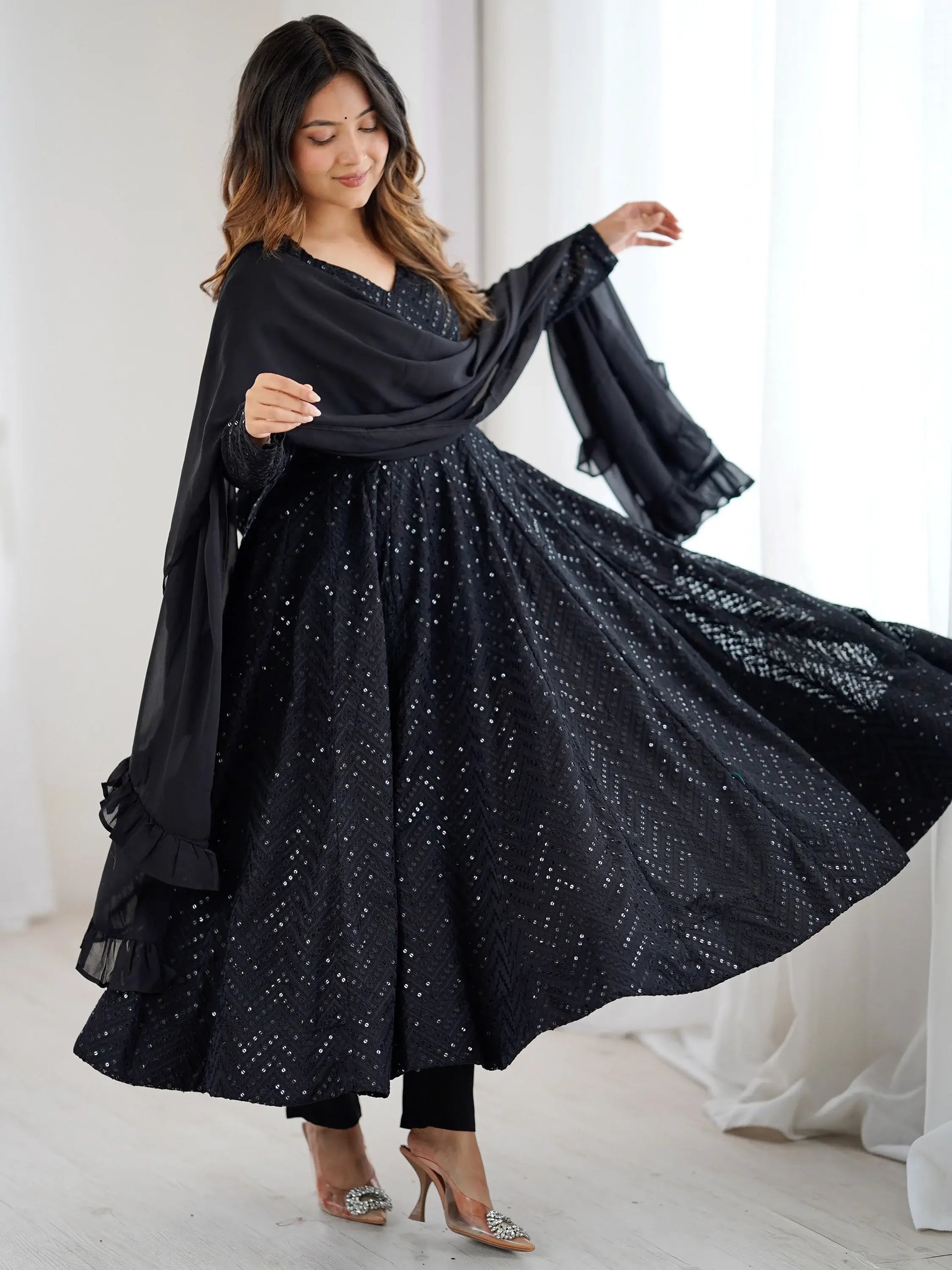 Classic Black Lucknawi Work Georgette Evening Wear Anarkali Suit