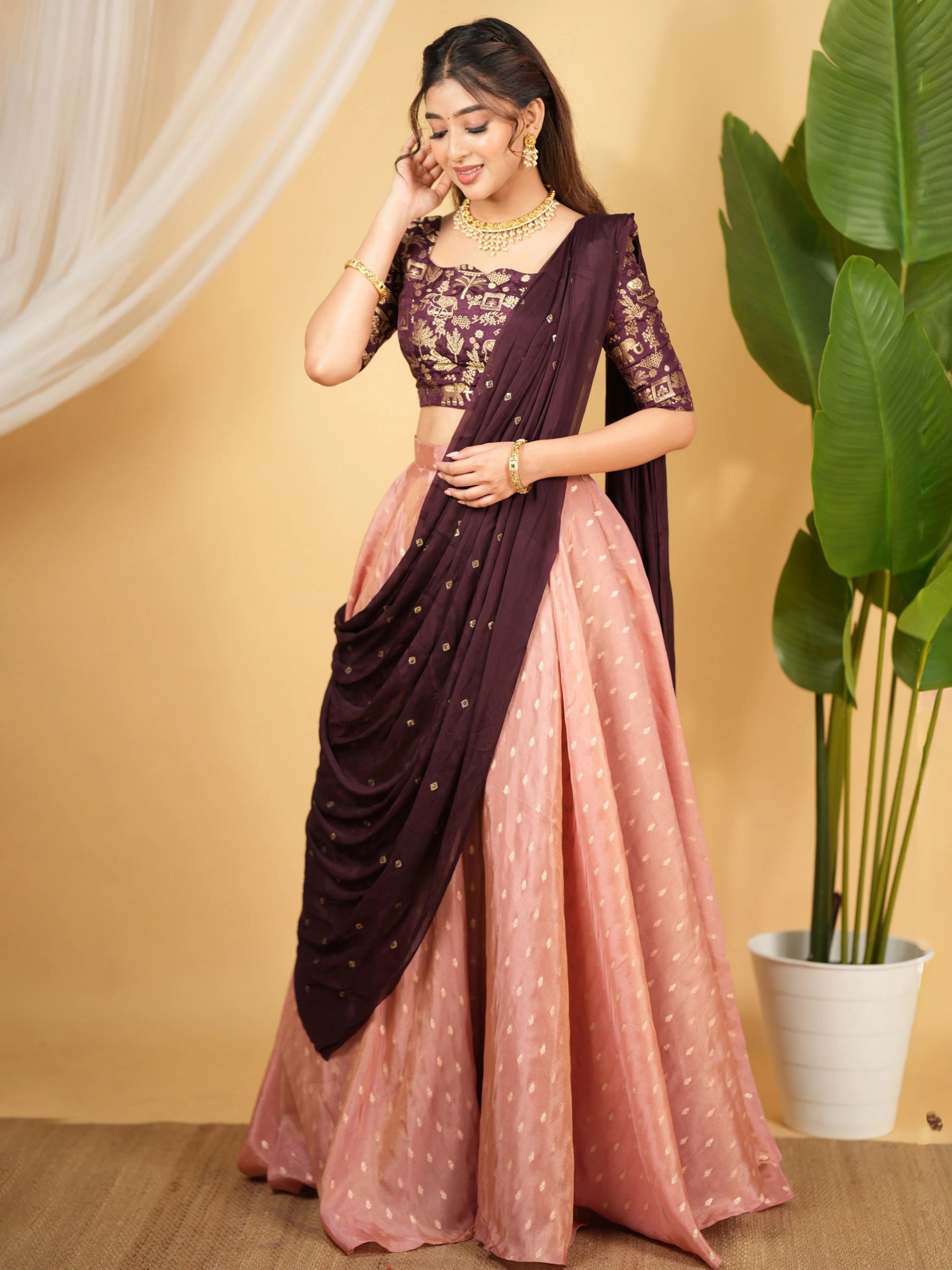 Glorious Pink Zari Weaving Banarasi Silk Traditional Lehenga With Blouse