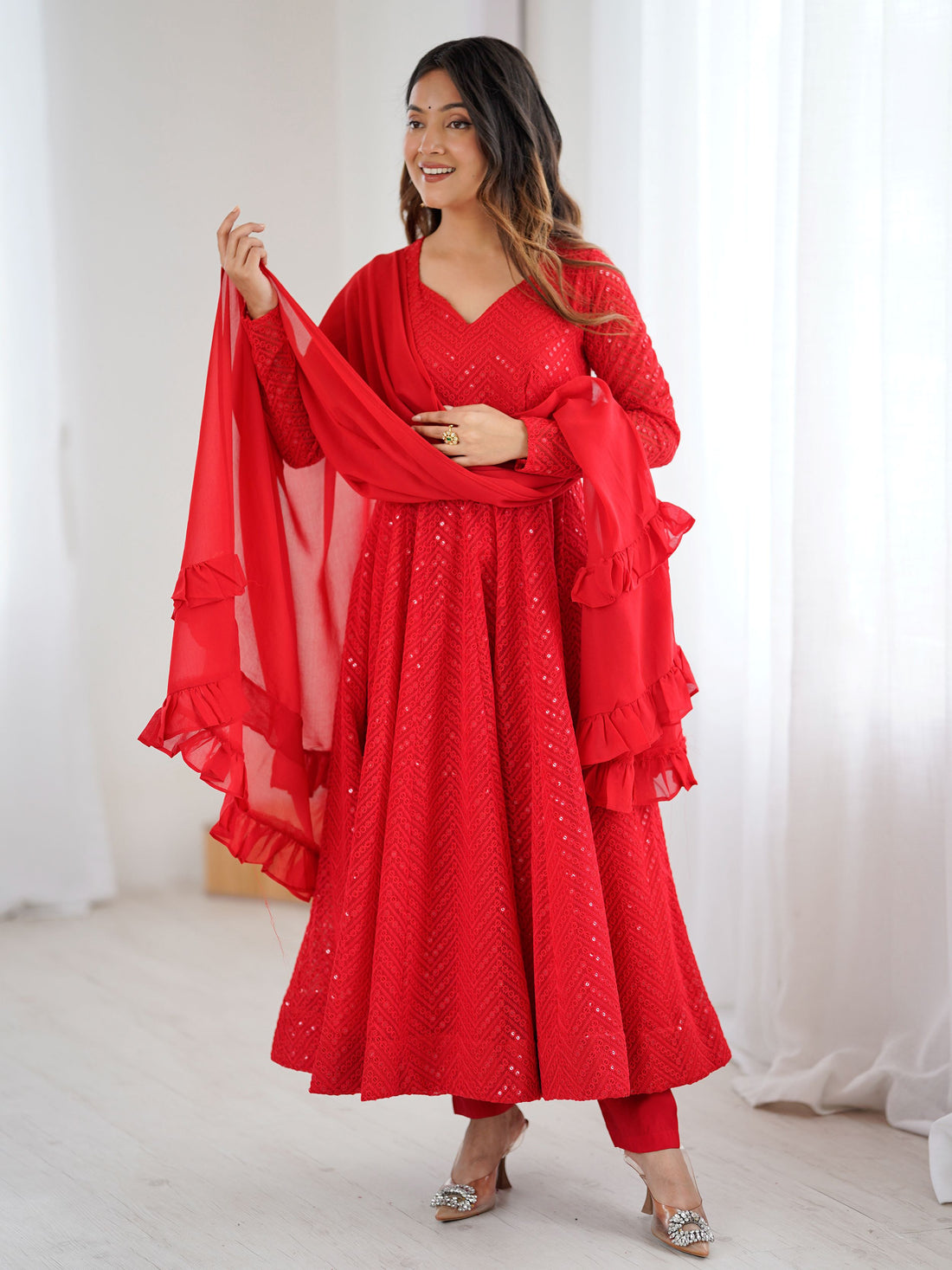 Lovely Red Lucknawi Work Georgette Wedding Wear Anarkali Suit With Dupatta