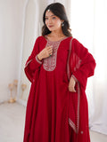 Wonderful Red Embroidered Silk Festival Wear Gown With Dupatta