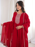 Wonderful Red Embroidered Silk Festival Wear Gown With Dupatta