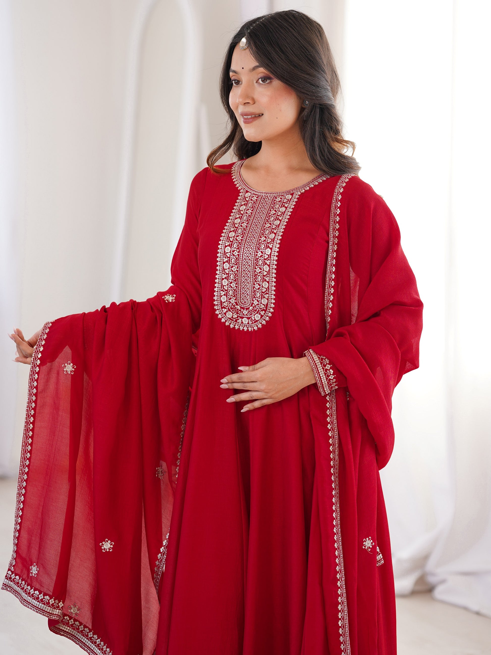 Wonderful Red Embroidered Silk Festival Wear Gown With Dupatta