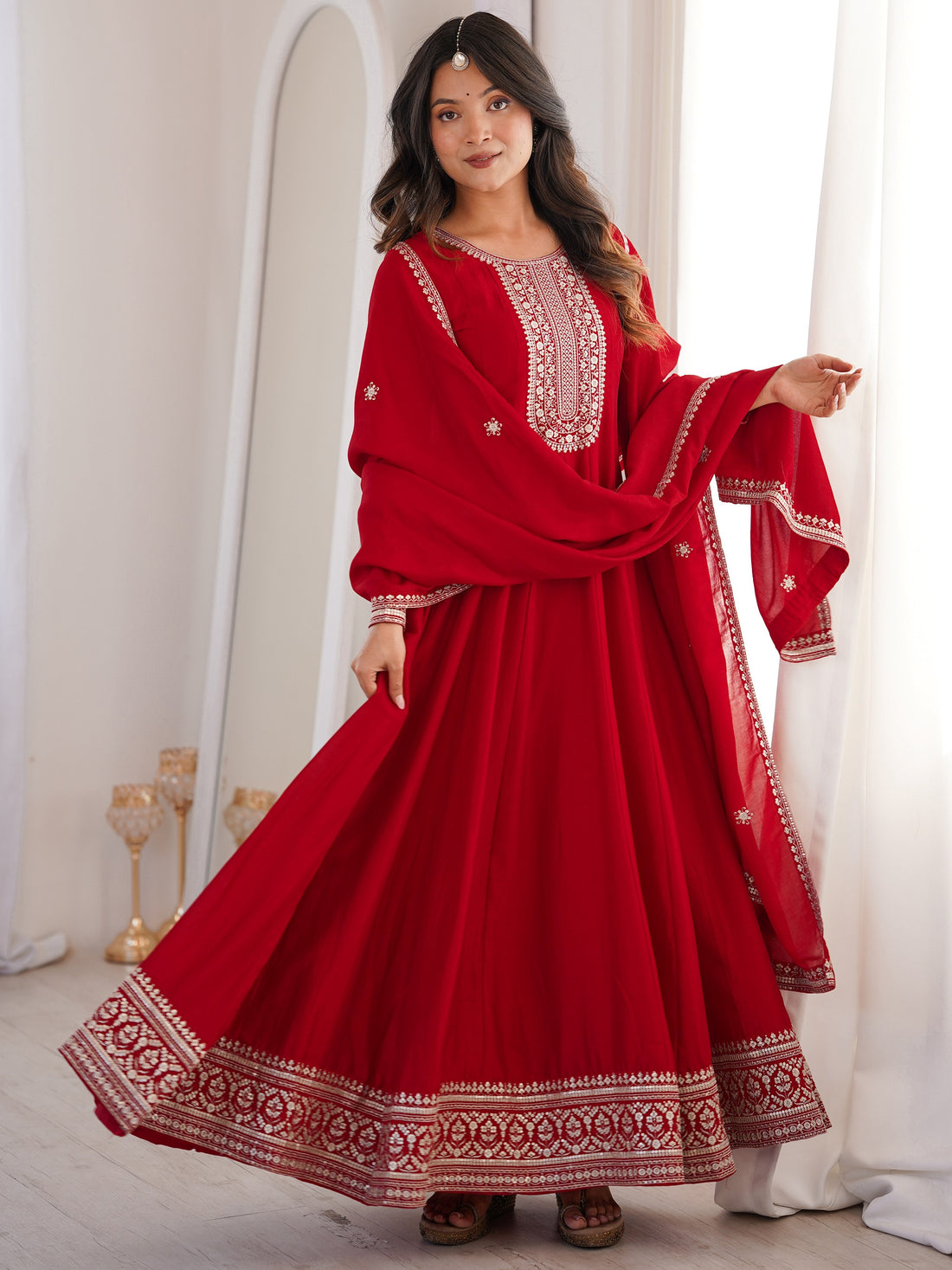 Wonderful Red Embroidered Silk Festival Wear Gown With Dupatta