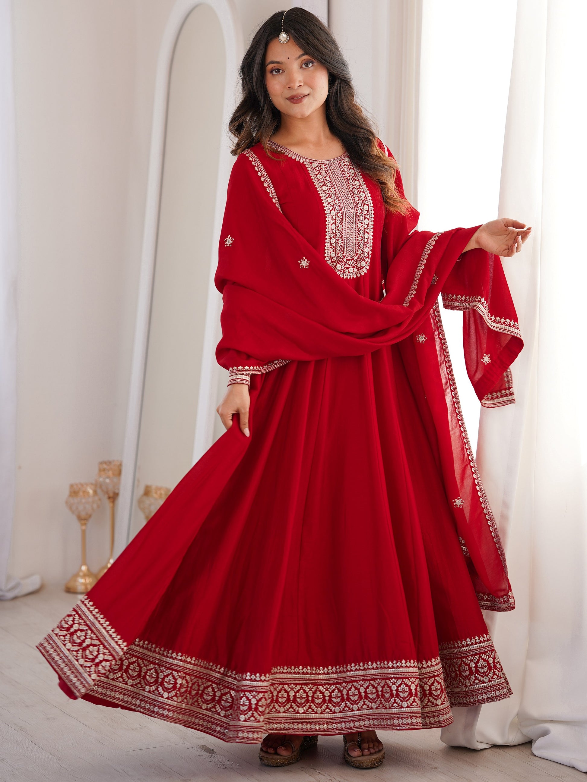 Wonderful Red Embroidered Silk Festival Wear Gown With Dupatta