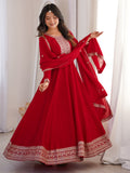 Wonderful Red Embroidered Silk Festival Wear Gown With Dupatta