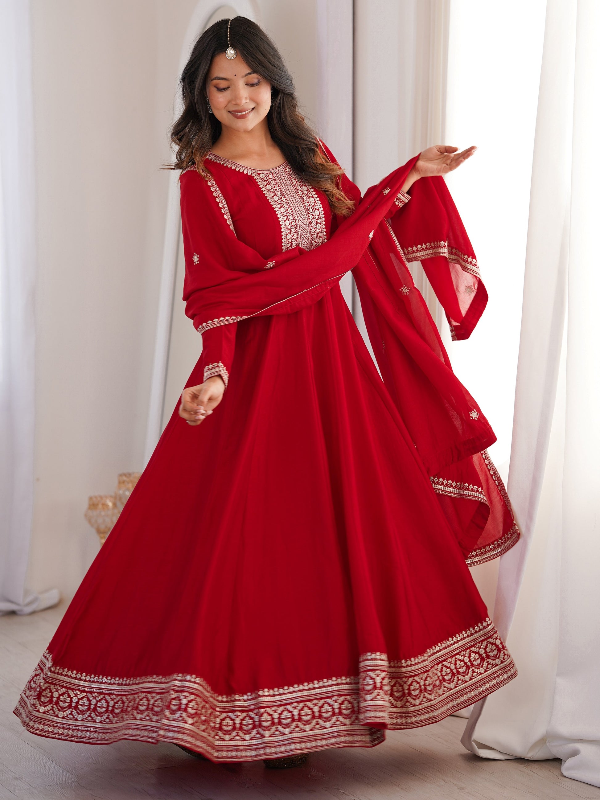 Wonderful Red Embroidered Silk Festival Wear Gown With Dupatta