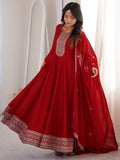 Wonderful Red Embroidered Silk Festival Wear Gown With Dupatta