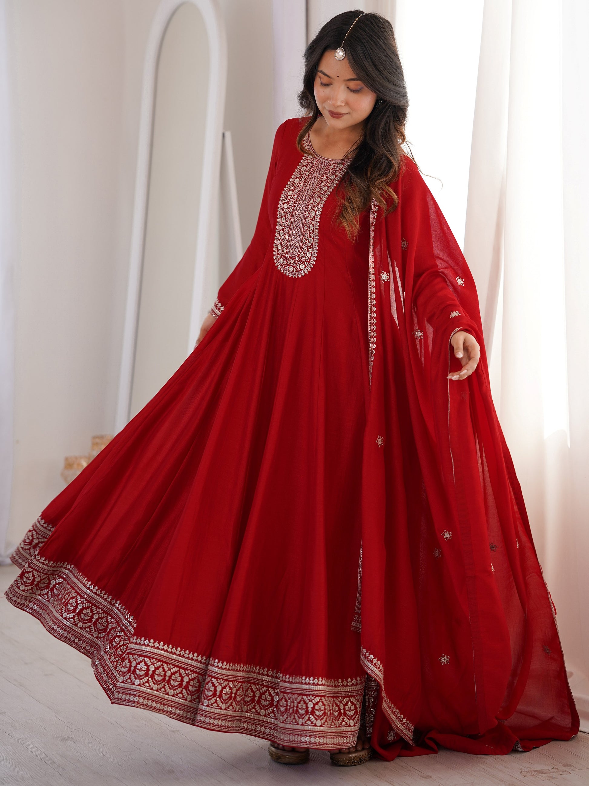 Wonderful Red Embroidered Silk Festival Wear Gown With Dupatta