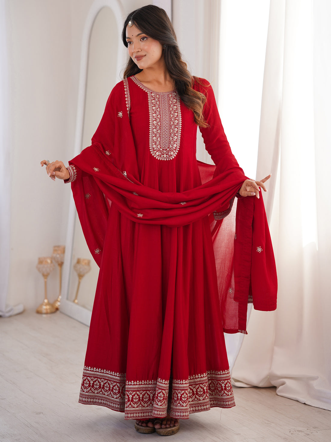 Wonderful Red Embroidered Silk Festival Wear Gown With Dupatta