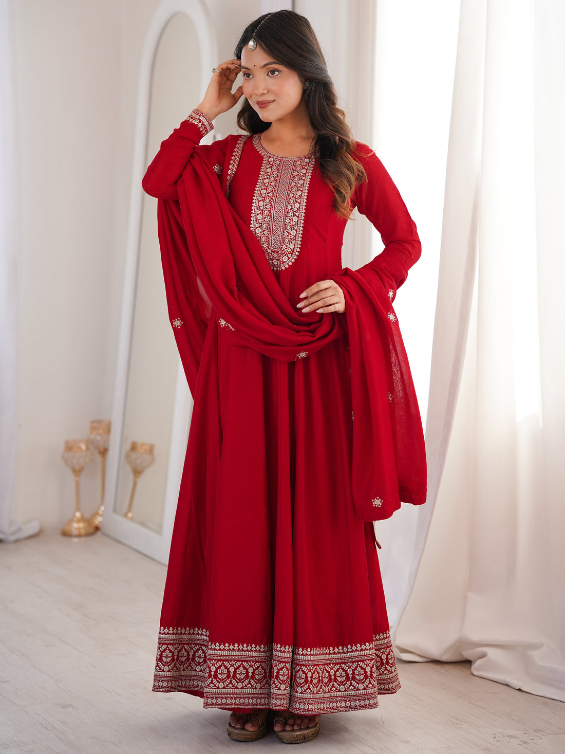 Wonderful Red Embroidered Silk Festival Wear Gown With Dupatta