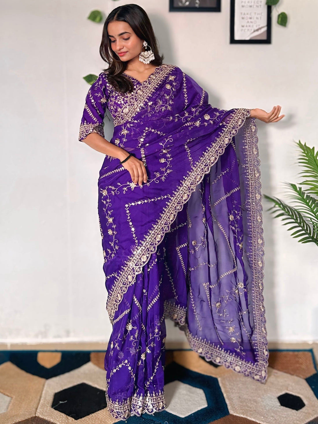 Incredible Purple Sequins Organza Wedding Wear Saree With Blouse