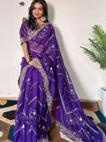 Incredible Purple Sequins Organza Wedding Wear Saree With Blouse