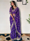 Incredible Purple Sequins Organza Wedding Wear Saree With Blouse