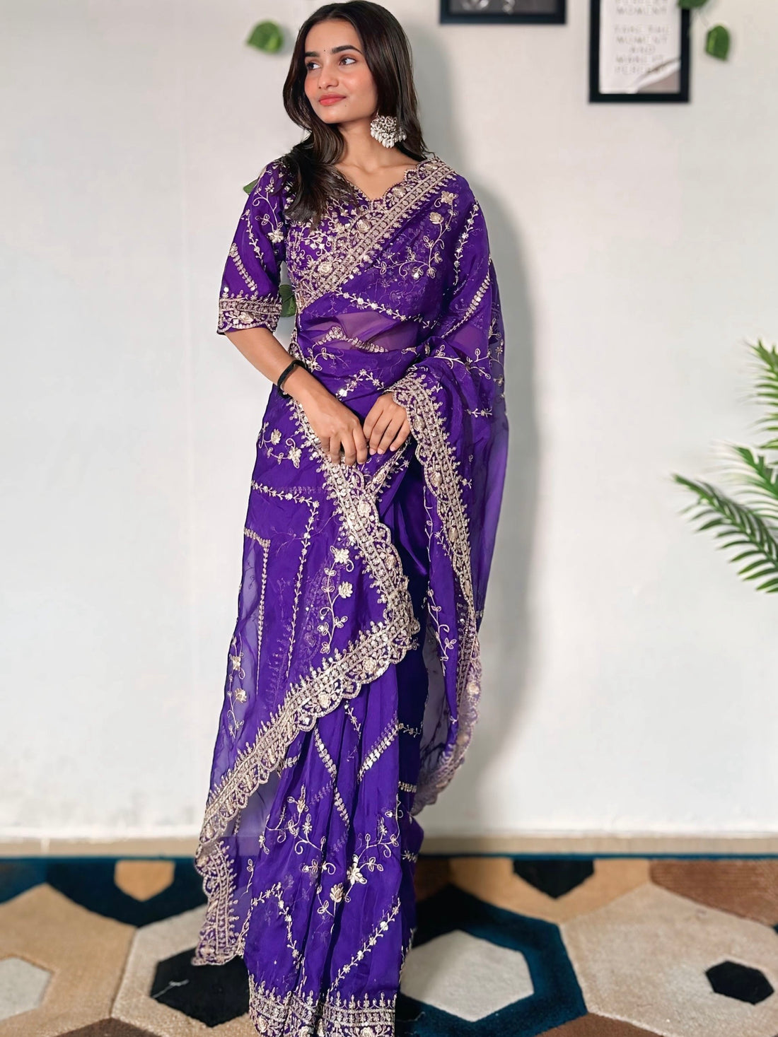 Incredible Purple Sequins Organza Wedding Wear Saree With Blouse