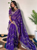 Incredible Purple Sequins Organza Wedding Wear Saree With Blouse