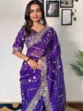 Incredible Purple Sequins Organza Wedding Wear Saree With Blouse