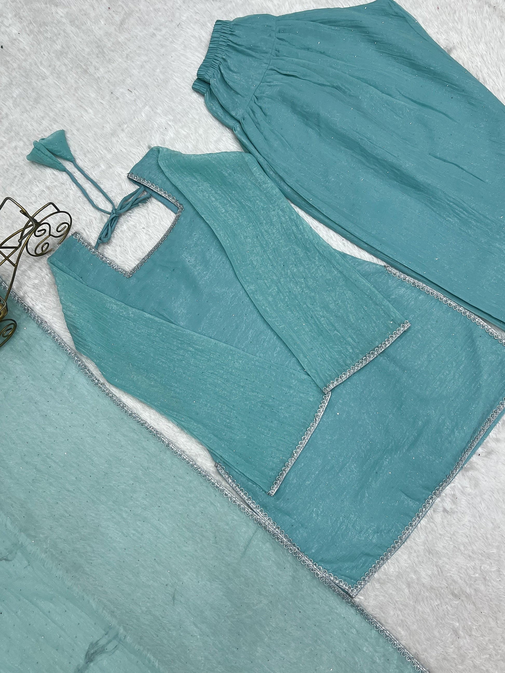 Spectacular Sky Blue Lace Work Silk Traditional Salwar Suit With Dupatta