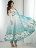 Regal Sky Blue Floral Printed Organza Evening Wear Anarkali Suit With Dupatta