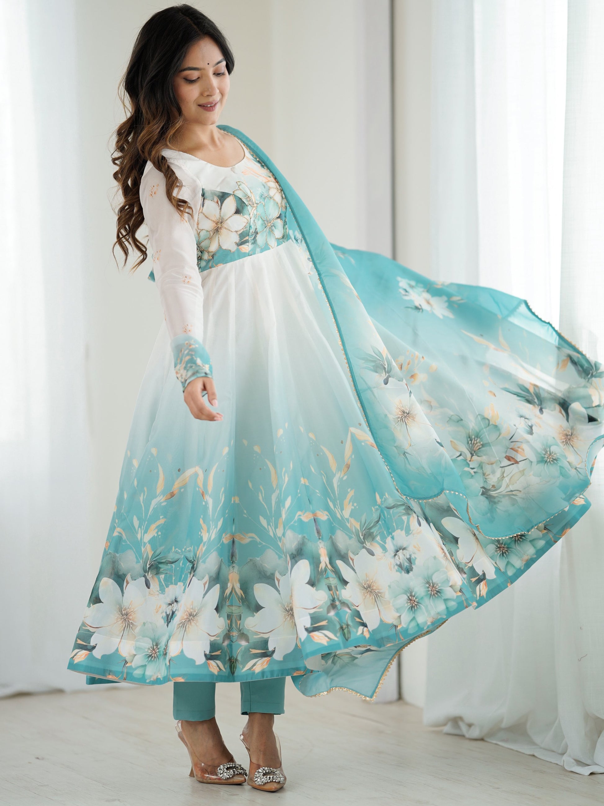 Regal Sky Blue Floral Printed Organza Evening Wear Anarkali Suit With Dupatta