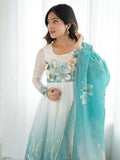 Regal Sky Blue Floral Printed Organza Evening Wear Anarkali Suit With Dupatta