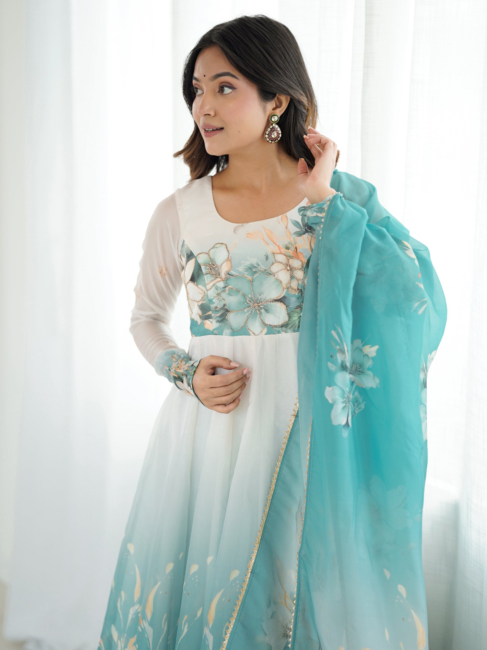 Regal Sky Blue Floral Printed Organza Evening Wear Anarkali Suit With Dupatta