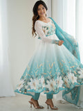 Regal Sky Blue Floral Printed Organza Evening Wear Anarkali Suit With Dupatta
