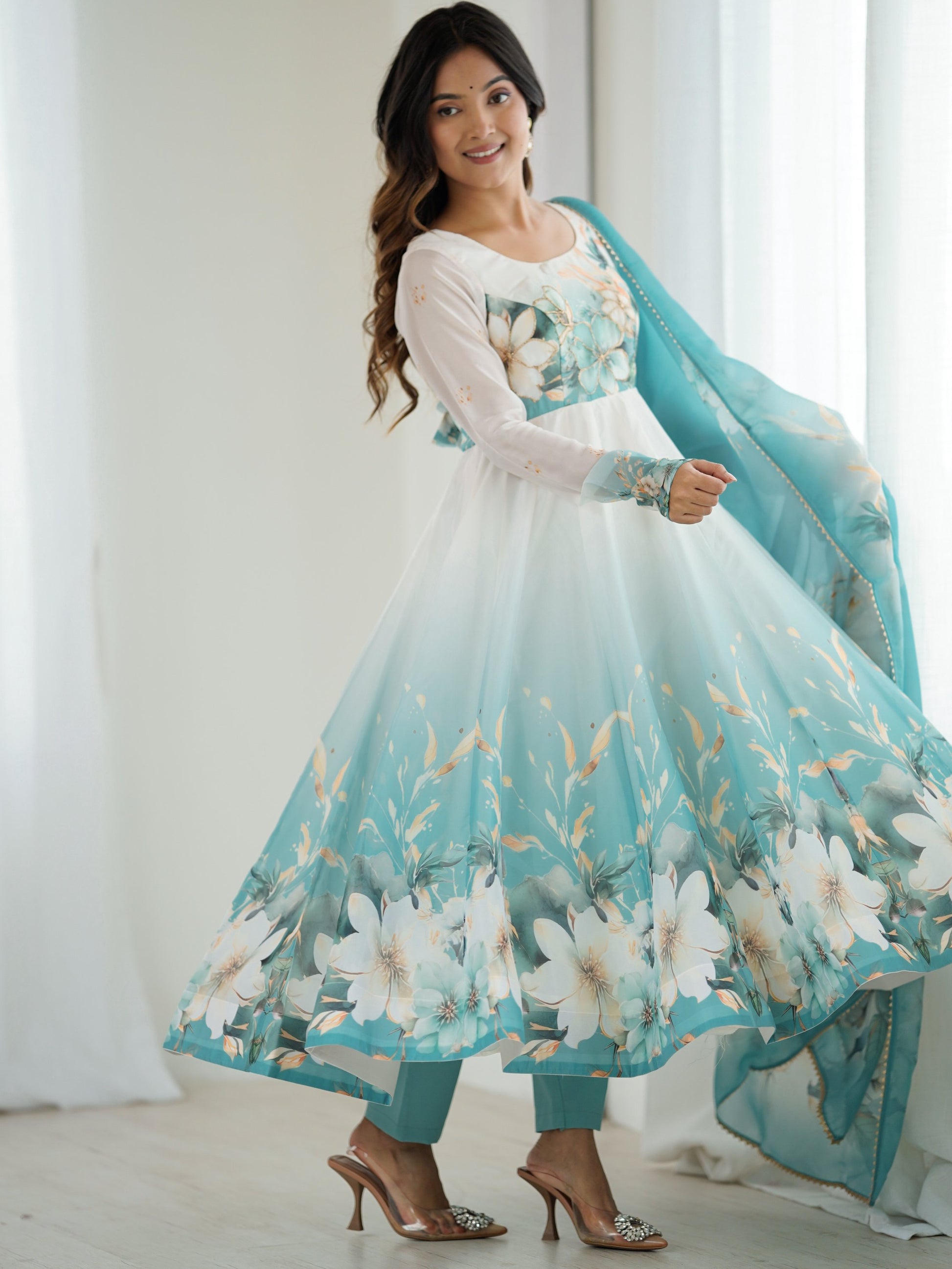 Regal Sky Blue Floral Printed Organza Evening Wear Anarkali Suit With Dupatta