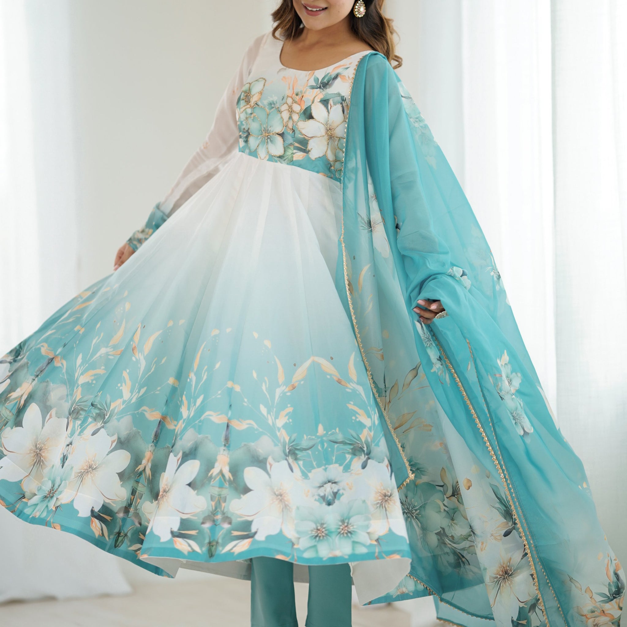 Regal Sky Blue Floral Printed Organza Evening Wear Anarkali Suit With Dupatta
