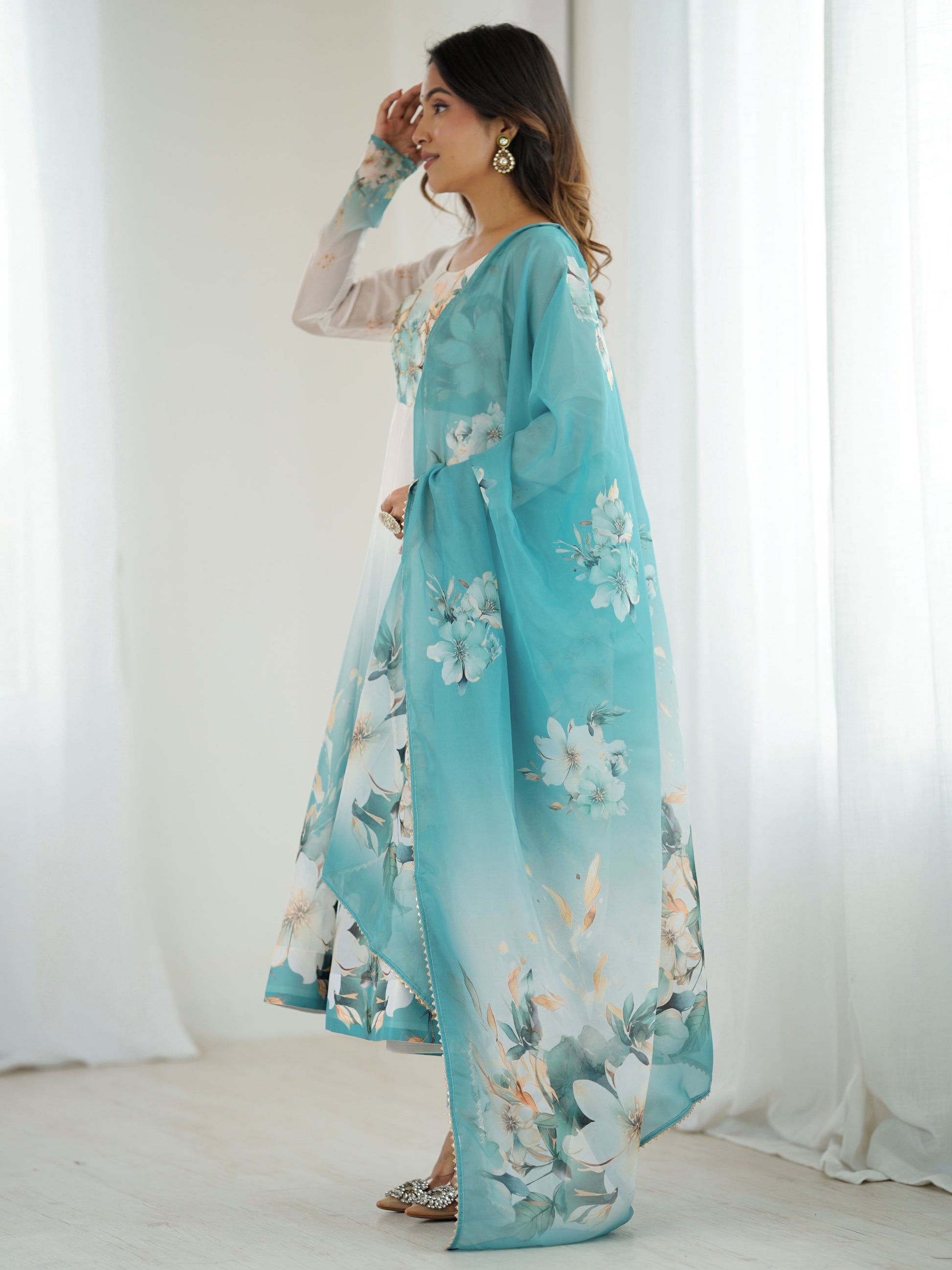 Regal Sky Blue Floral Printed Organza Evening Wear Anarkali Suit With Dupatta