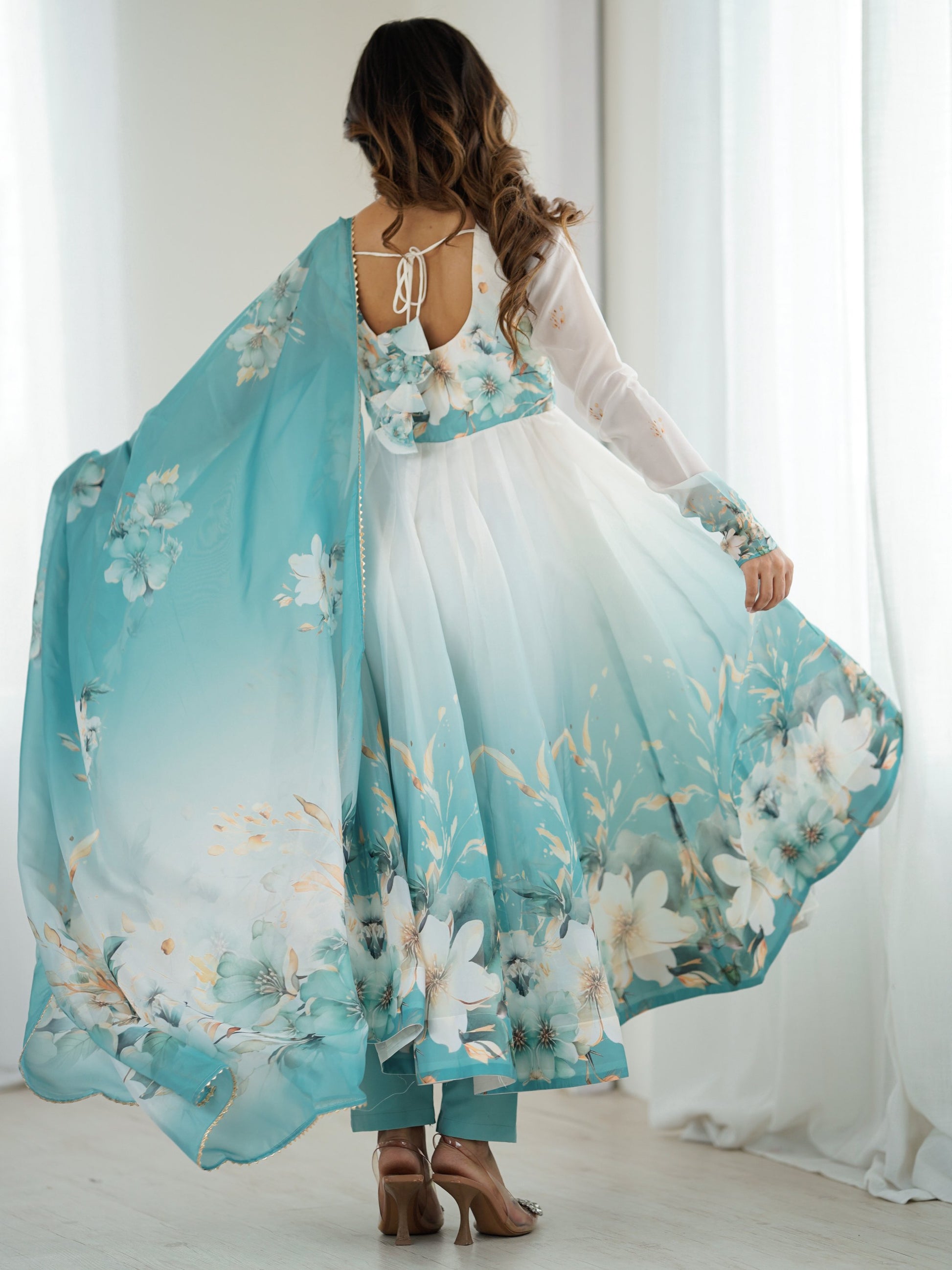 Regal Sky Blue Floral Printed Organza Evening Wear Anarkali Suit With Dupatta