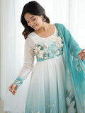 Regal Sky Blue Floral Printed Organza Evening Wear Anarkali Suit With Dupatta