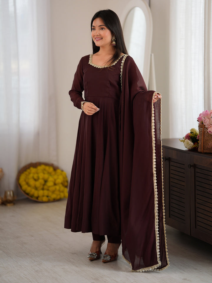 Graceful Dark Brown Mirror Lace Chanderi Festive Wear Anarkali Gown