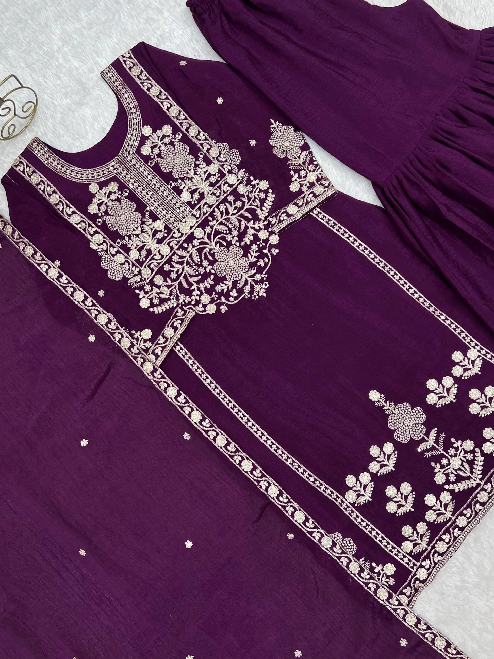 Sparkling Purple Embroidered Chinon Engagement Wear Sharara Suit