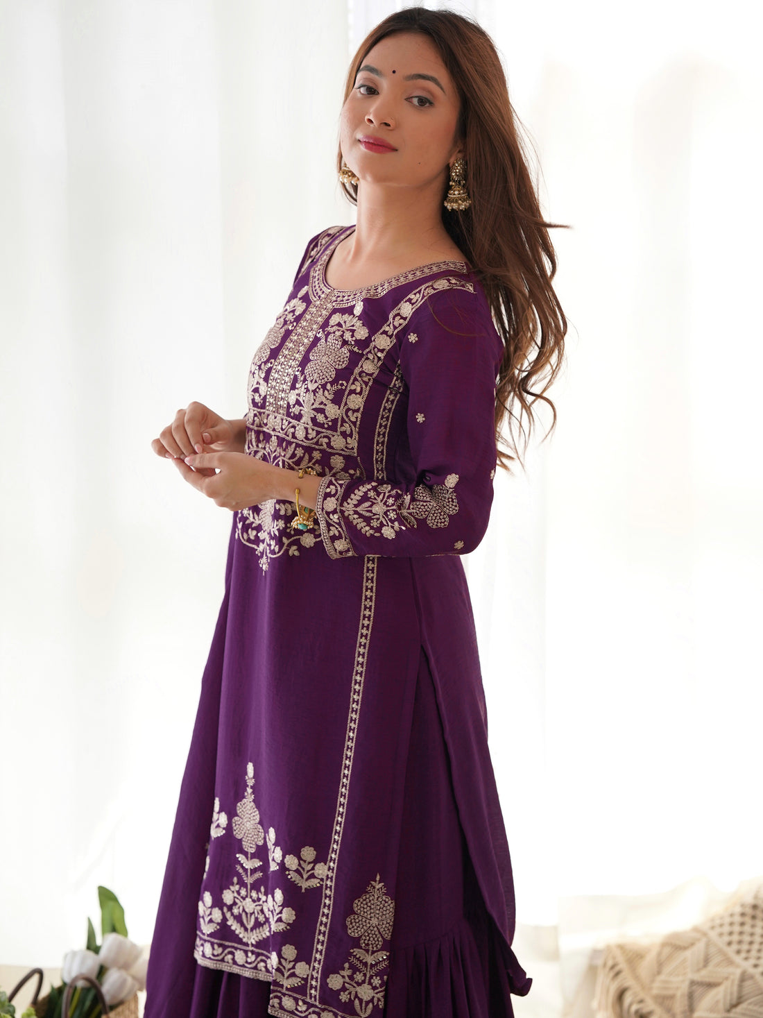 Sparkling Purple Embroidered Chinon Engagement Wear Sharara Suit