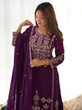 Sparkling Purple Embroidered Chinon Engagement Wear Sharara Suit