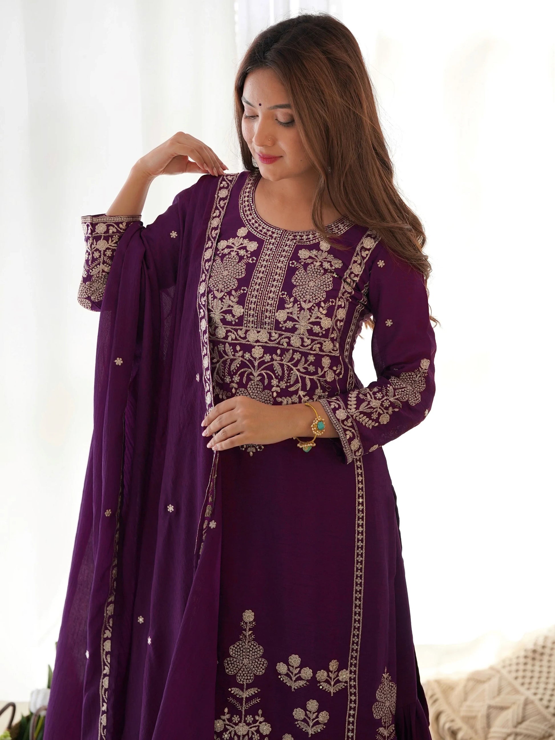 Sparkling Purple Embroidered Chinon Engagement Wear Sharara Suit