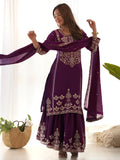 Sparkling Purple Embroidered Chinon Engagement Wear Sharara Suit