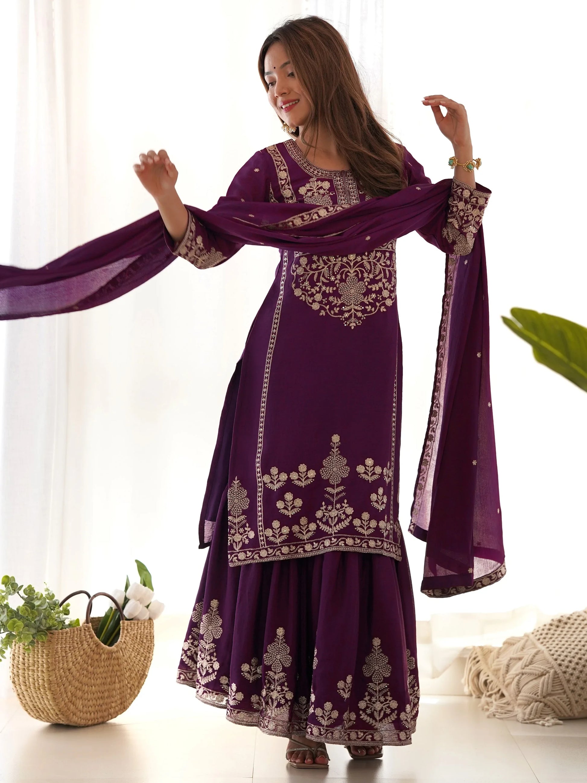 Sparkling Purple Embroidered Chinon Engagement Wear Sharara Suit