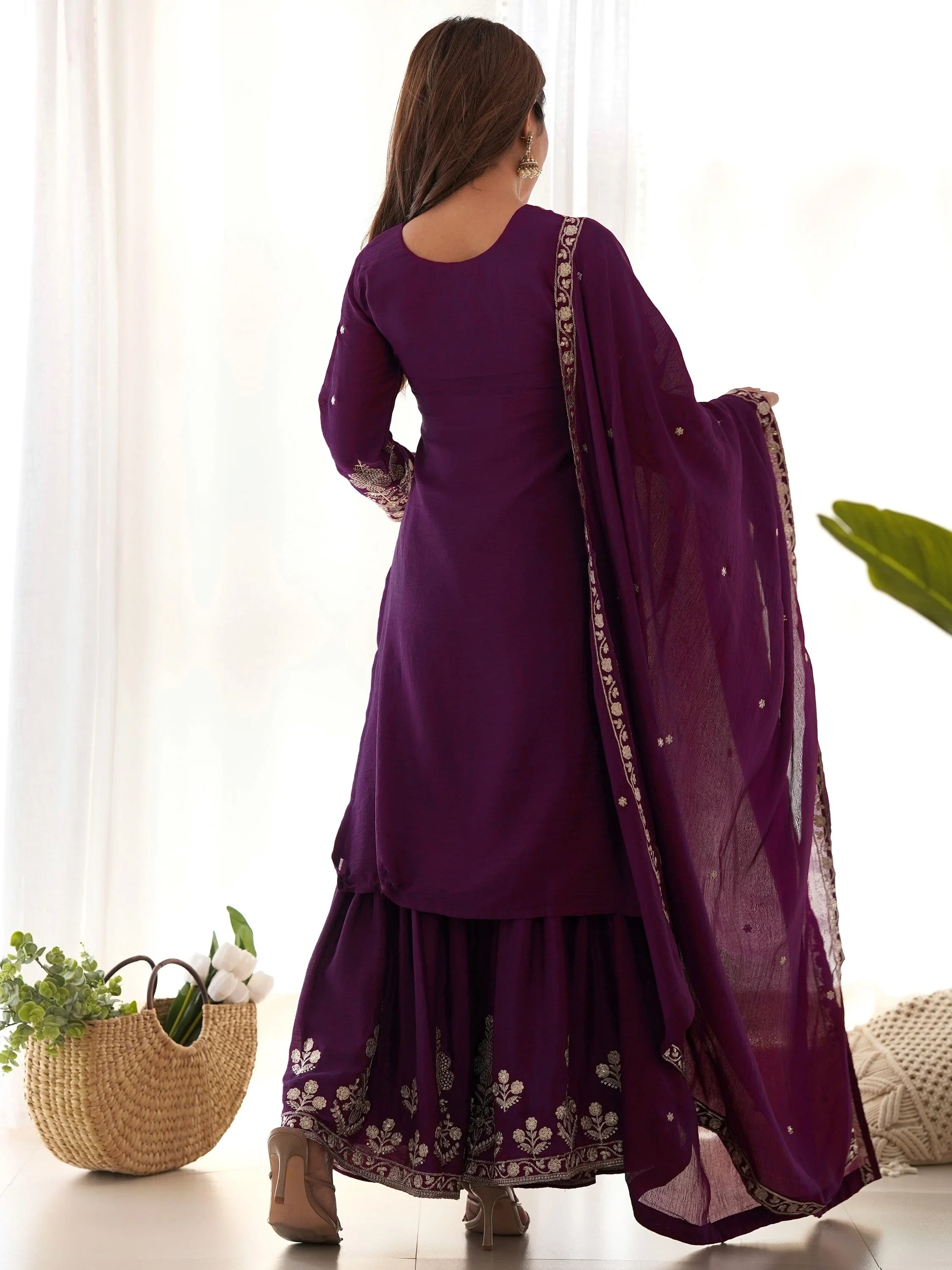 Sparkling Purple Embroidered Chinon Engagement Wear Sharara Suit